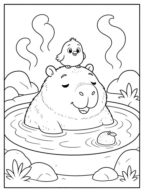 Colouring page: Kiko soaks in a warm bath with an orange, and Tiko on top.