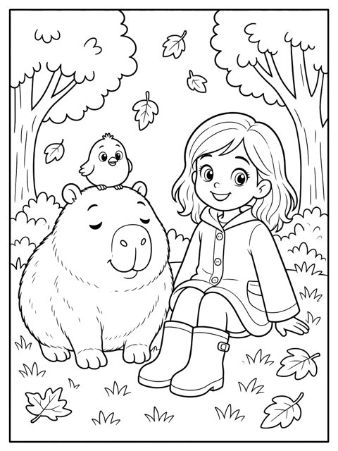 Colouring page: Florence sits with Kiko and Tiko under the autumn trees.