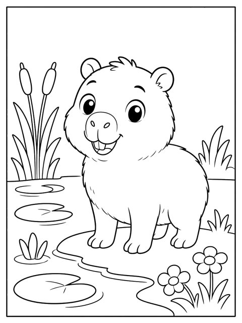 Colouring page: Pip, Kiko's cheeky little friend, by the pond.