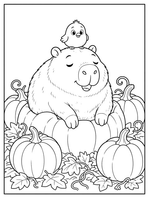 Colouring page: Kiko and Tiko relax in a pumpkin patch.