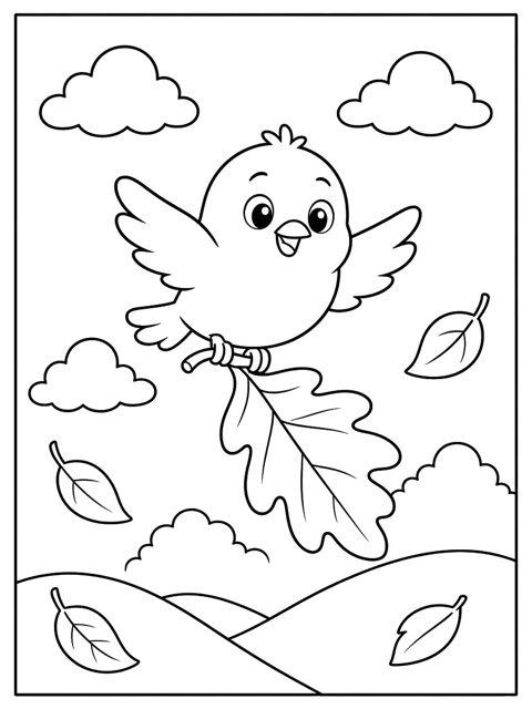 Colouring page: Tiko flies home holding an autumn leaf in his feet.