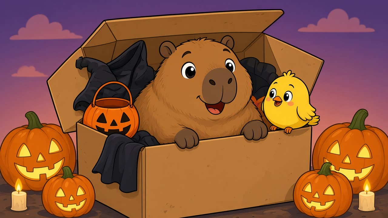 Kiko and Tiko peeking out of a big box of Halloween costumes, surrounded by smiling pumpkins