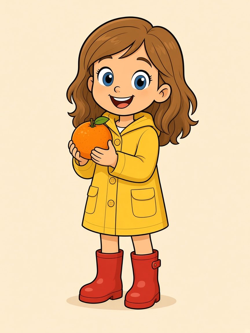 Florence in her yellow raincoat holding an orange