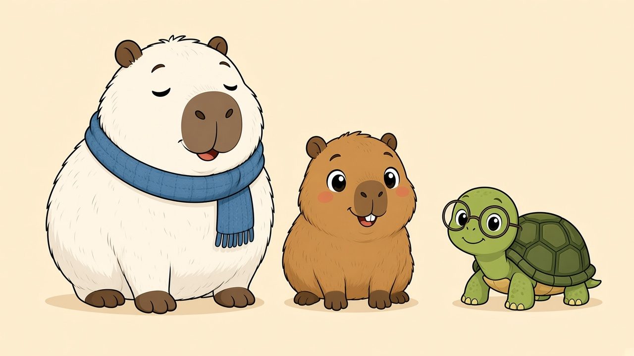 Snowy the white capybara in a blue scarf, Pip the small cheeky capybara, and Shelly the turtle in glasses
