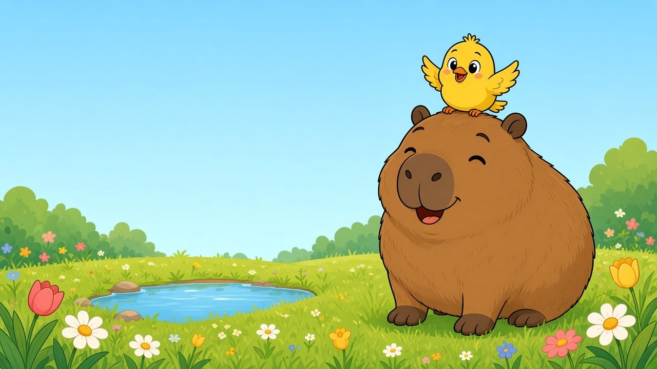 Kiko the round brown capybara smiling in a flowery meadow, with Tiko the little yellow bird on his head